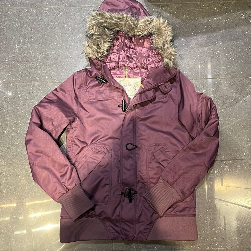 xs bee by burton purple mauve bomber winter jacket with fur hood